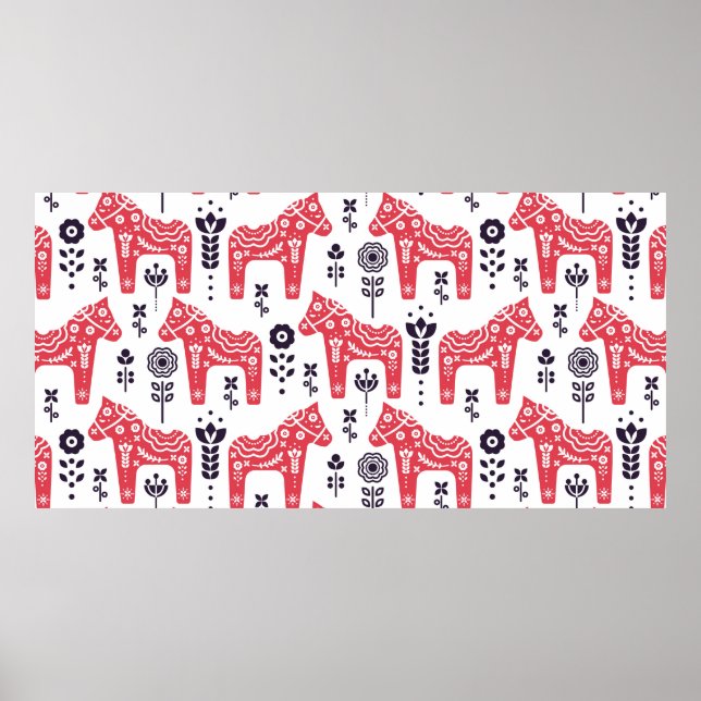 Folk swedish horse floral seamless pattern.  poster (Front)