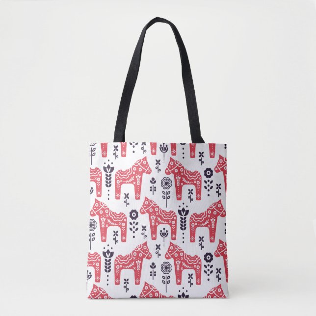 Folk swedish horse floral seamless pattern.  tote bag (Front)