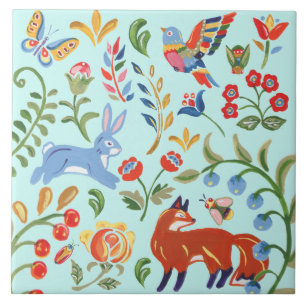 Folk Teal Blue Animal Woodland Floral Fox Rabbit Ceramic Tile