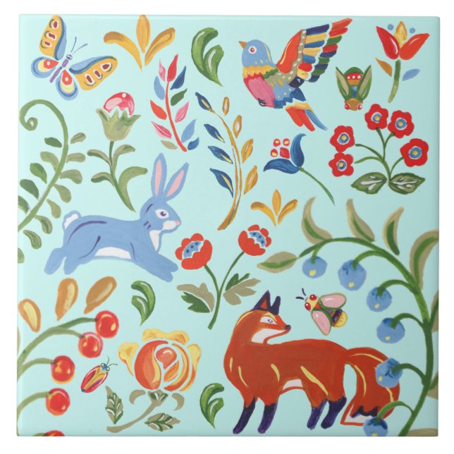 Folk Teal Blue Animal Woodland Floral Fox Rabbit Ceramic Tile (Front)