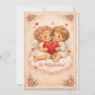 Folk Valentine Angels with Heart – Whimsical Primi Holiday Card