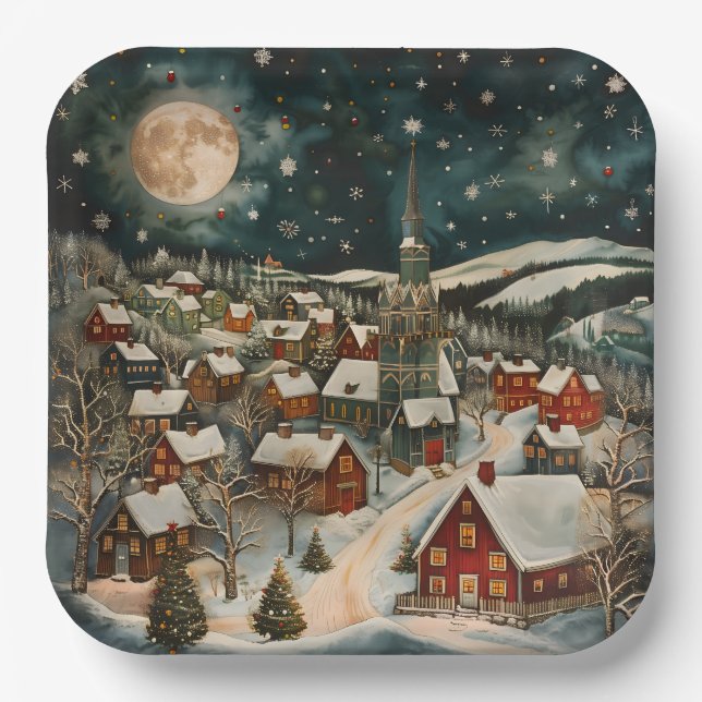 Folk Winter Village Paper Plate (Front)
