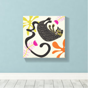 Folkart Boho Abstract Black Cat hand drawn Canvas Print