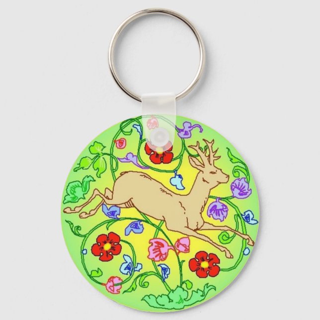 Folkart Deer Buck Running Through a Garden Key Ring (Front)