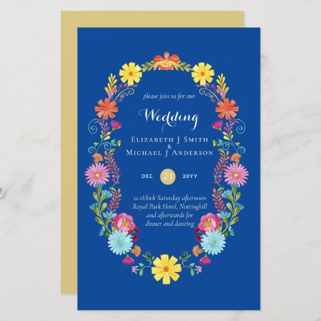 Folkart Flower Fiesta Wedding Invitation Boda  (Front/Back)