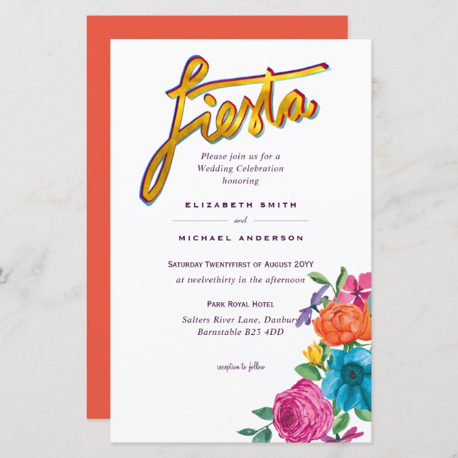 Folkart Flower Fiesta Wedding Invitation Boda  (Front/Back)