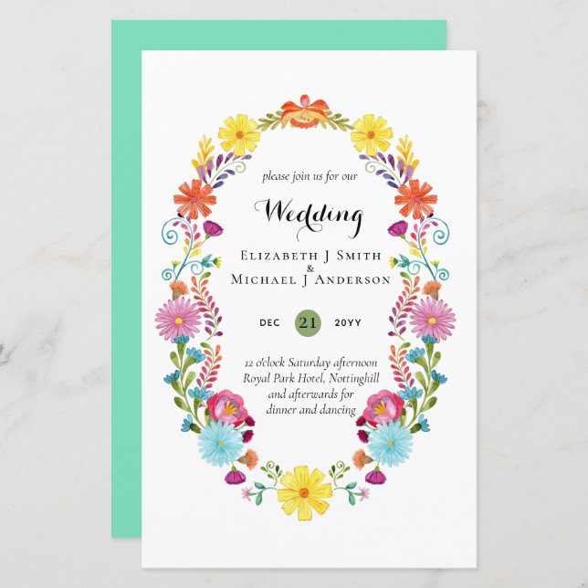 Folkart Flower Fiesta Wedding Invitation Boda  (Front/Back)