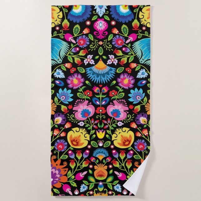 Folklore flowers Wycinanki black  Beach Towel (Front)