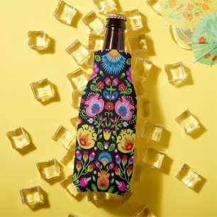 Folklore flowers Wycinanki black Bottle Cooler