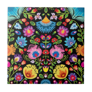 Folklore flowers Wycinanki black  Ceramic Tile