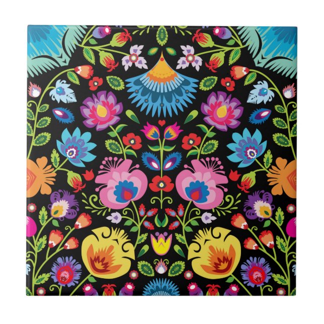 Folklore flowers Wycinanki black  Ceramic Tile (Front)