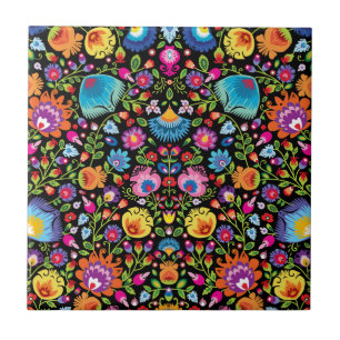 Folklore flowers Wycinanki black  Ceramic Tile