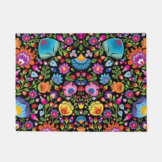 Folklore flowers Wycinanki black Doormat (Front)
