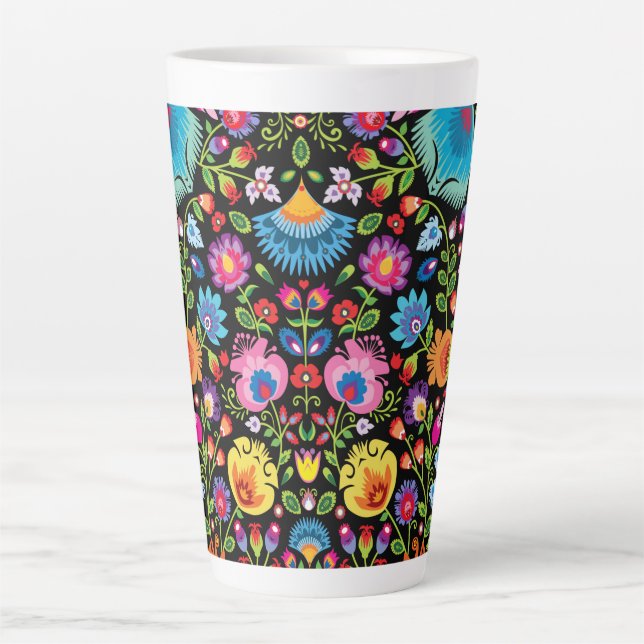Folklore flowers Wycinanki black  Latte Mug (Front)