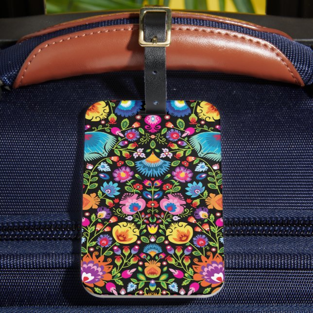 Folklore flowers Wycinanki black  Luggage Tag (Front Insitu 2)