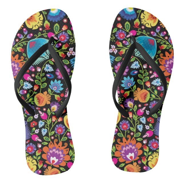 Folklore flowers Wycinanki black Thongs (Footbed)