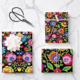 Folklore flowers Wycinanki black Wrapping Paper Sheet