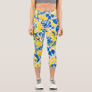 Folklore pattern with Ukrainian flag colors   Capri Leggings