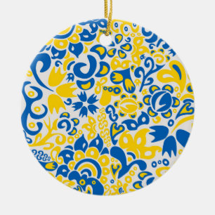 Folklore pattern with Ukrainian flag colours Ceramic Ornament