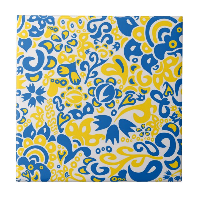 Folklore pattern with Ukrainian flag colours  Ceramic Tile (Front)
