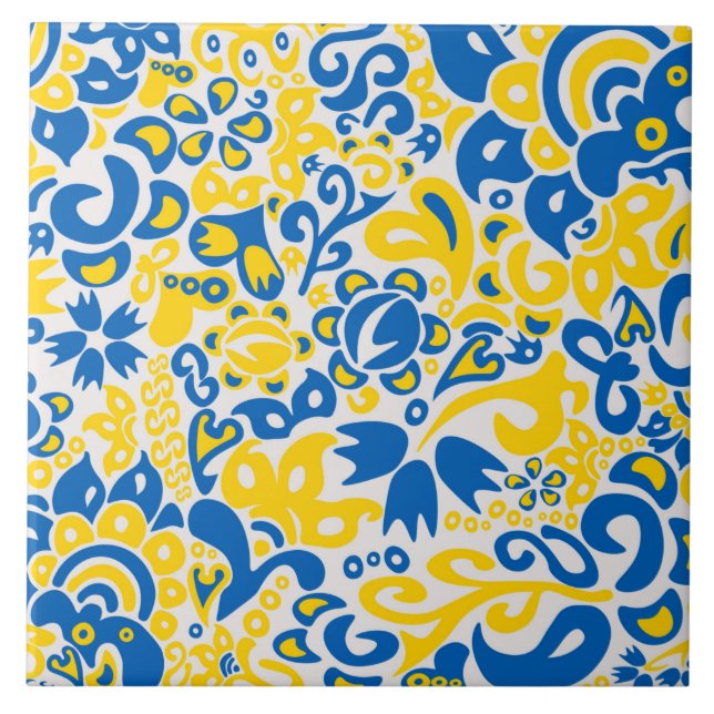 Folklore pattern with Ukrainian flag colours  Ceramic Tile (Front)