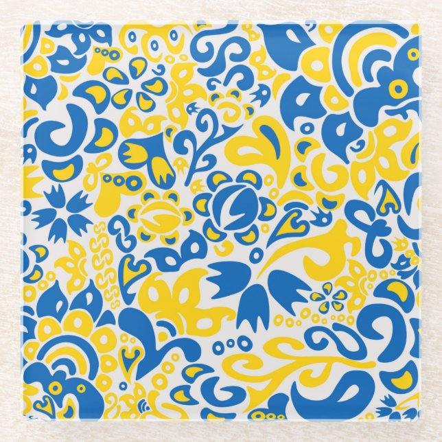 Folklore pattern with Ukrainian flag colours  Glass Coaster (Front)