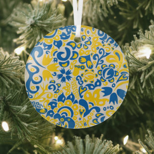 Folklore pattern with Ukrainian flag colours Glass Tree Decoration
