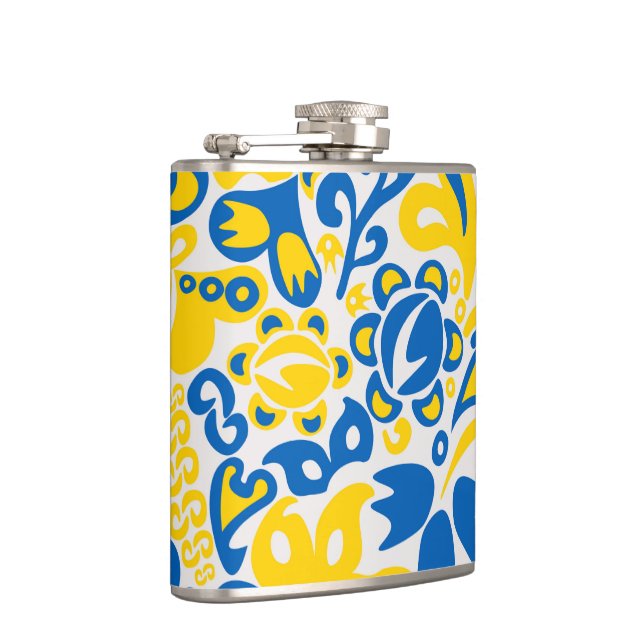Folklore pattern with Ukrainian flag colours  Hip Flask (Right)
