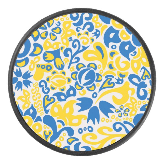 Folklore pattern with Ukrainian flag colours  Hockey Puck (Front)
