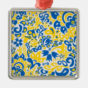 Folklore pattern with Ukrainian flag colours  Metal Ornament