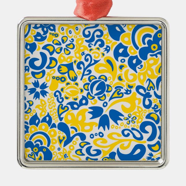Folklore pattern with Ukrainian flag colours  Metal Ornament (Front)