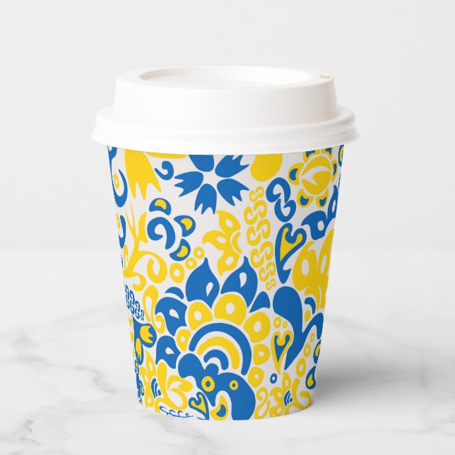 Folklore pattern with Ukrainian flag colours Paper Cups (Front)