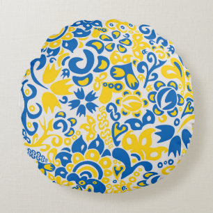 Folklore pattern with Ukrainian flag colours Round Cushion