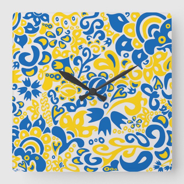 Folklore pattern with Ukrainian flag colours  Square Wall Clock (Front)