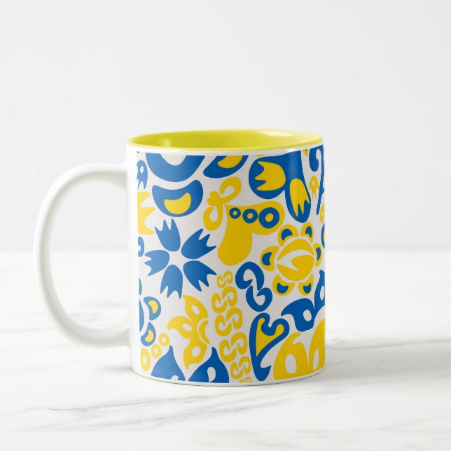 Folklore pattern with Ukrainian flag colours  Two-Tone Coffee Mug (Left)