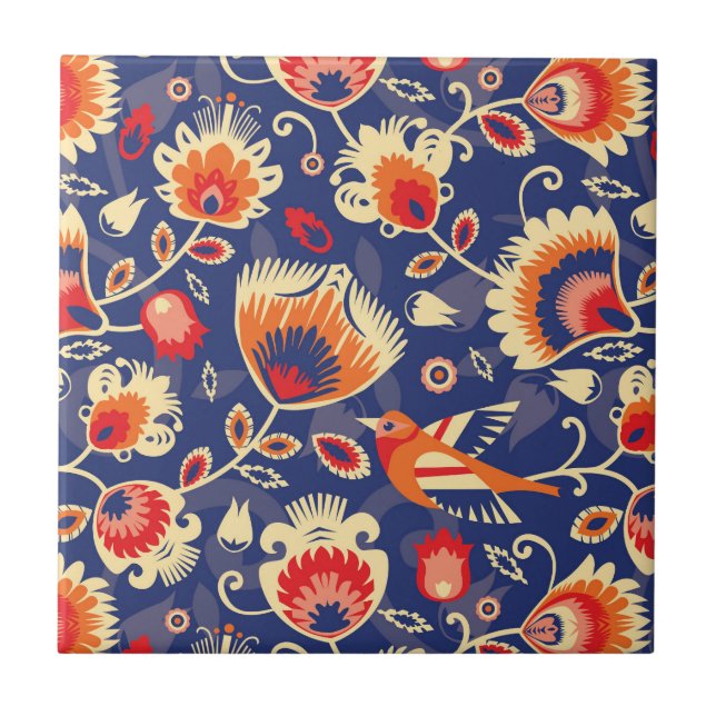 💛🧡💙Folklore pattern with yellow flowers 002  Ceramic Tile (Front)