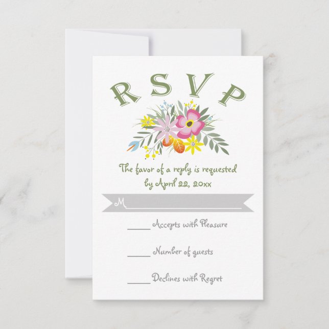 Folklore pink flowers modern floral wedding RSVP Card (Front)