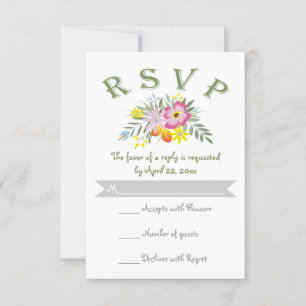 Folklore pink flowers modern floral wedding RSVP Card