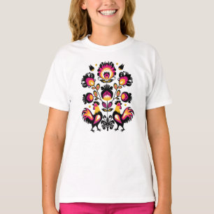 Folklore with black, pink and yellow roosters T-Shirt