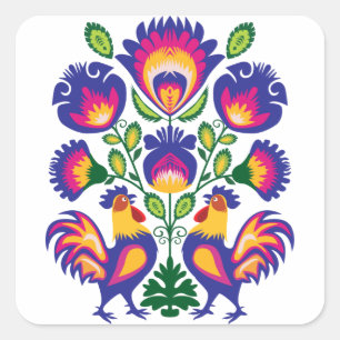 Folklore with pink roosters square sticker