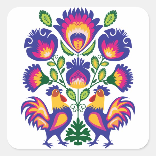 Folklore with pink roosters square sticker (Front)