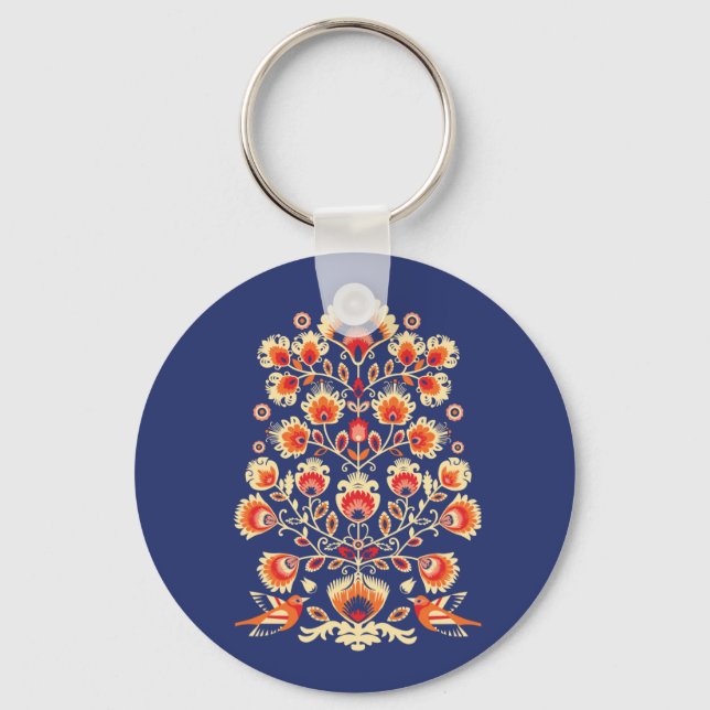 💙💛🧡Folklore with yellow flowers and birds Butto Key Ring (Front)