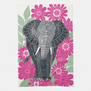 folksy elephant pink tea towel