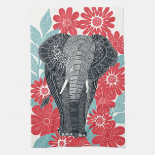 folksy elephant red tea towel