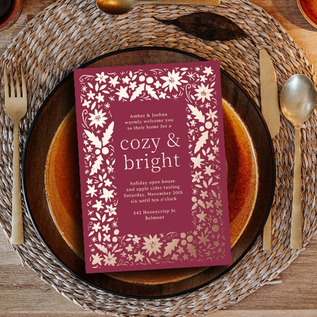 Folksy Floral Frame Cosy and Bright Autumn Party Foil Holiday Card (Creator Uploaded)