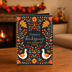 Folksy Geese and Autumn Leaves Thanksgiving  Card