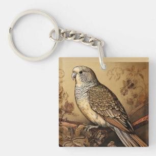 Folksy Parakeet in Sepia Tones Key Ring