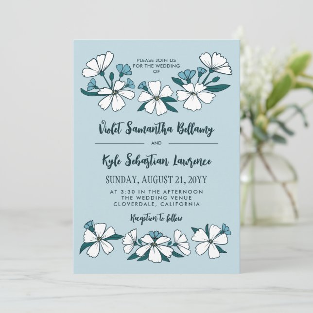 Folksy White Blue Flowers Wedding Invitation (Standing Front)