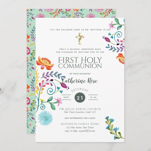 Folksy Wildflower Holy Communion Invite Watercolor (Front/Back)