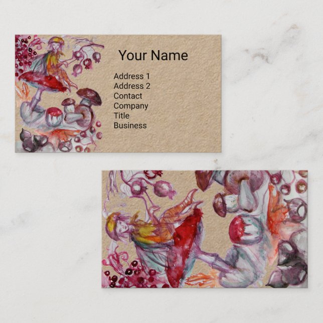 FOLLET OF MUSHROOMS Red White Floral Fantasy Kraft Business Card (Front/Back)